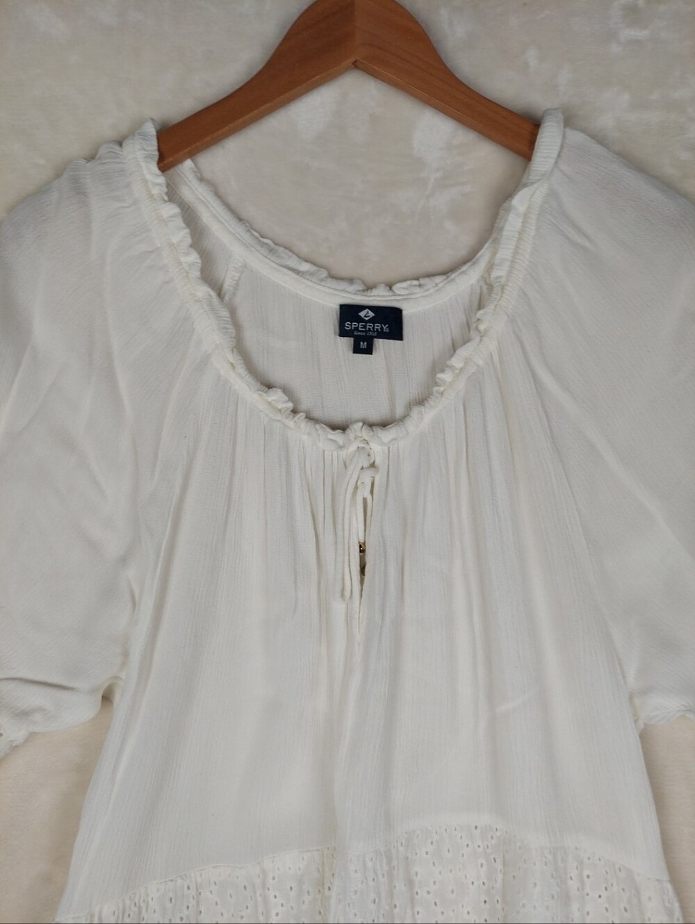Sperry Boho Mini Dress Women's Medium Crinkled Gauze Eyelet Lace Tiered Festival - Picture 2 of 12